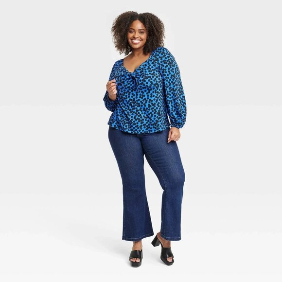 Ava & Viv Plus Size 3X Women's Long Balloon Sleeve Tie-Front Shirt Polka Dot - Picture 1 of 12